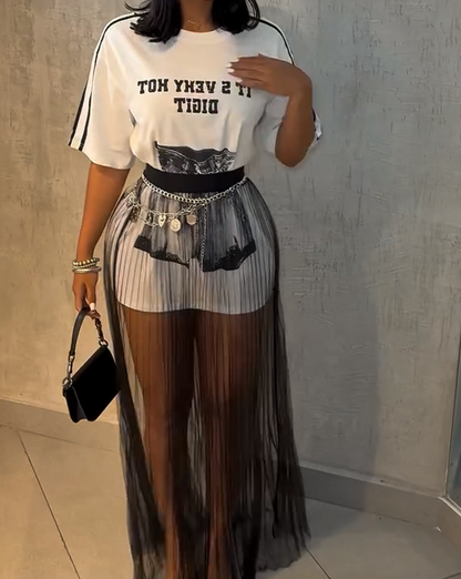 Loose T-shirt with see-through mesh long skirt set