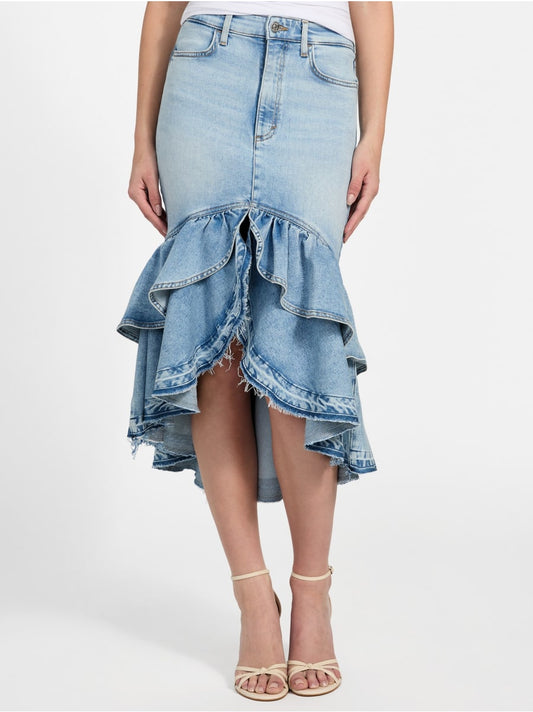 Layered Hem Denim High Waist Midi Skirt