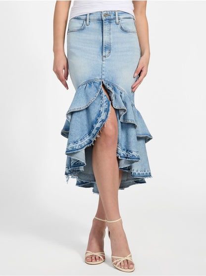 Layered Hem Denim High Waist Midi Skirt