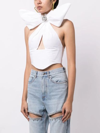 Distressed Crystal Bow Halter Top in White