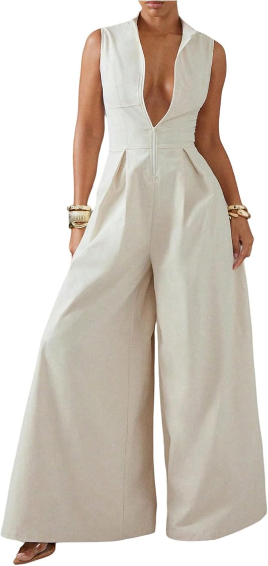 Women's Zippered Wide Leg Jumpsuit Sleeveless Bodysuit