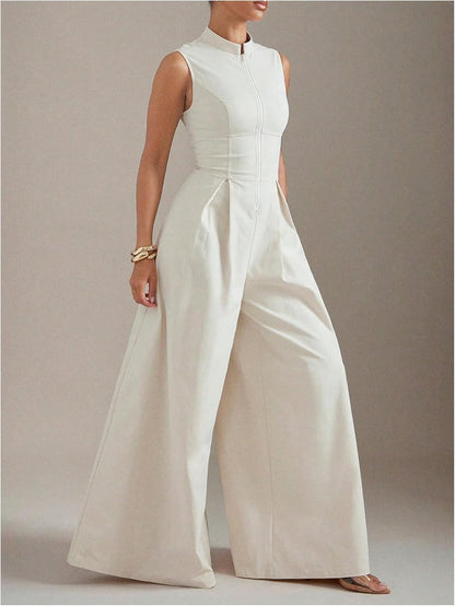 Women's Zippered Wide Leg Jumpsuit Sleeveless Bodysuit