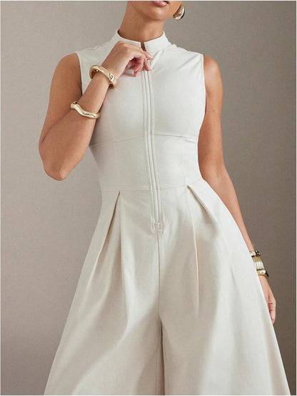 Women's Zippered Wide Leg Jumpsuit Sleeveless Bodysuit