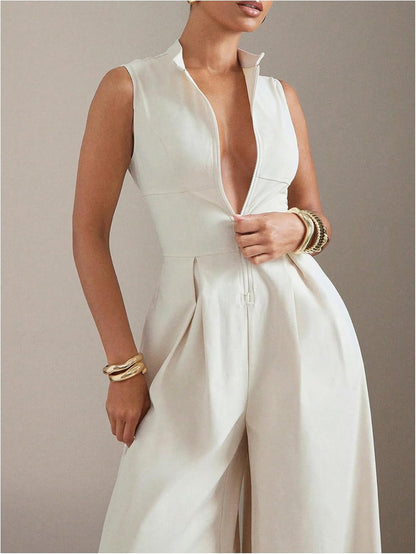 Women's Zippered Wide Leg Jumpsuit Sleeveless Bodysuit