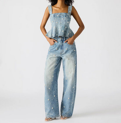 Pearl waist denim top + jeans set
