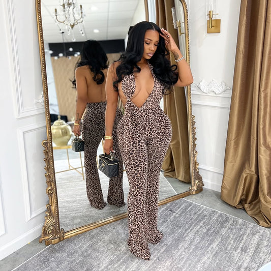 Halter neck strappy backless leopard print jumpsuit