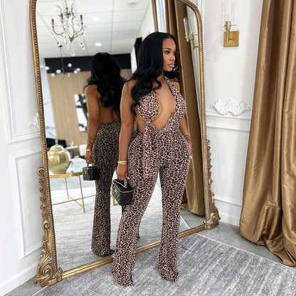 Halter neck strappy backless leopard print jumpsuit