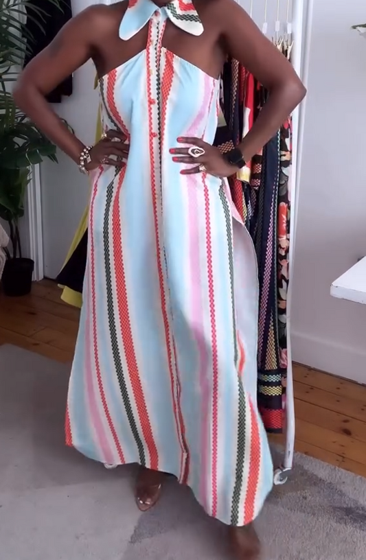 Striped sleeveless lapel halterneck dress