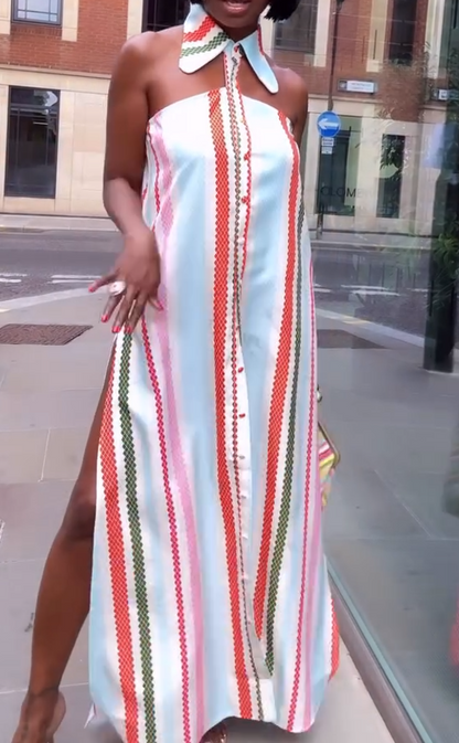 Striped sleeveless lapel halterneck dress
