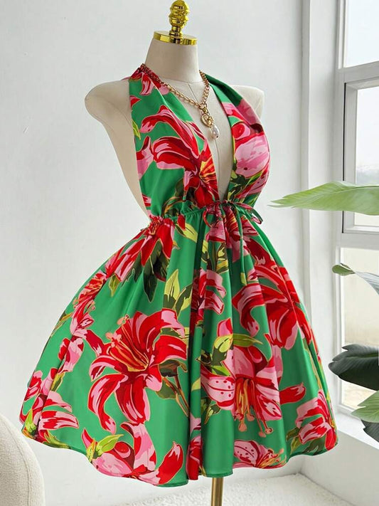 Plus Size Halter Print Backless Vacation Dress Mini-Dress