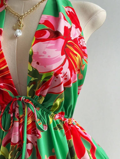 Plus Size Halter Print Backless Vacation Dress Mini-Dress