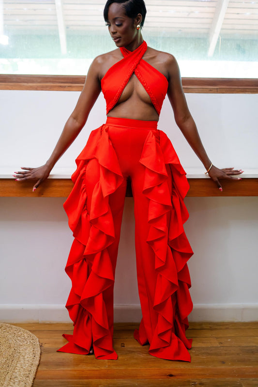 Cross-strap vest + high-waist wide-leg pants set