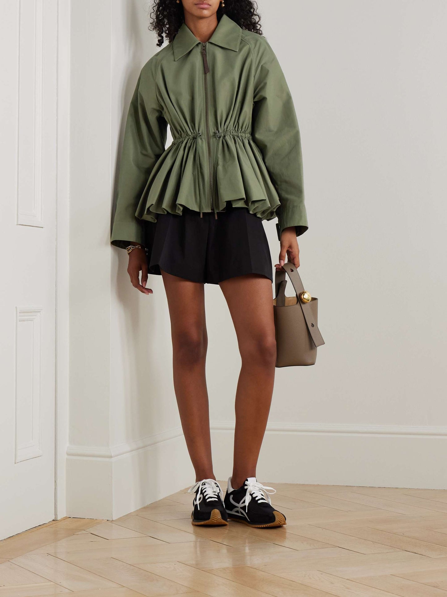 Leather-trimmed cotton-blend peplum jacket
