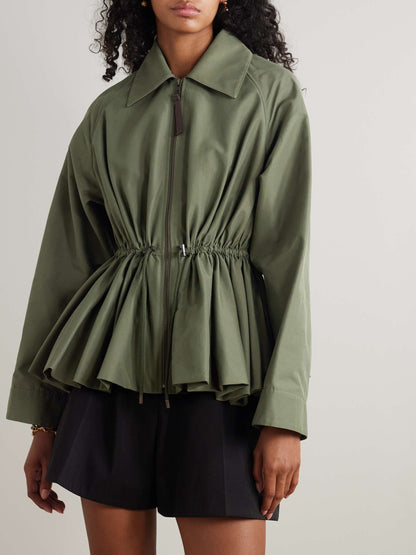 Leather-trimmed cotton-blend peplum jacket