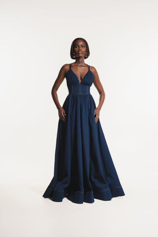 Denim waist suspender long skirt