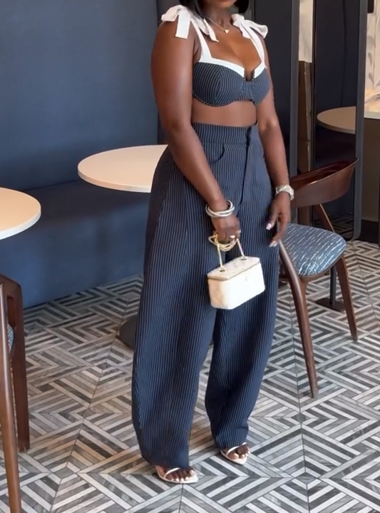 Bow tie suspender top + narrow striped wide-leg pants