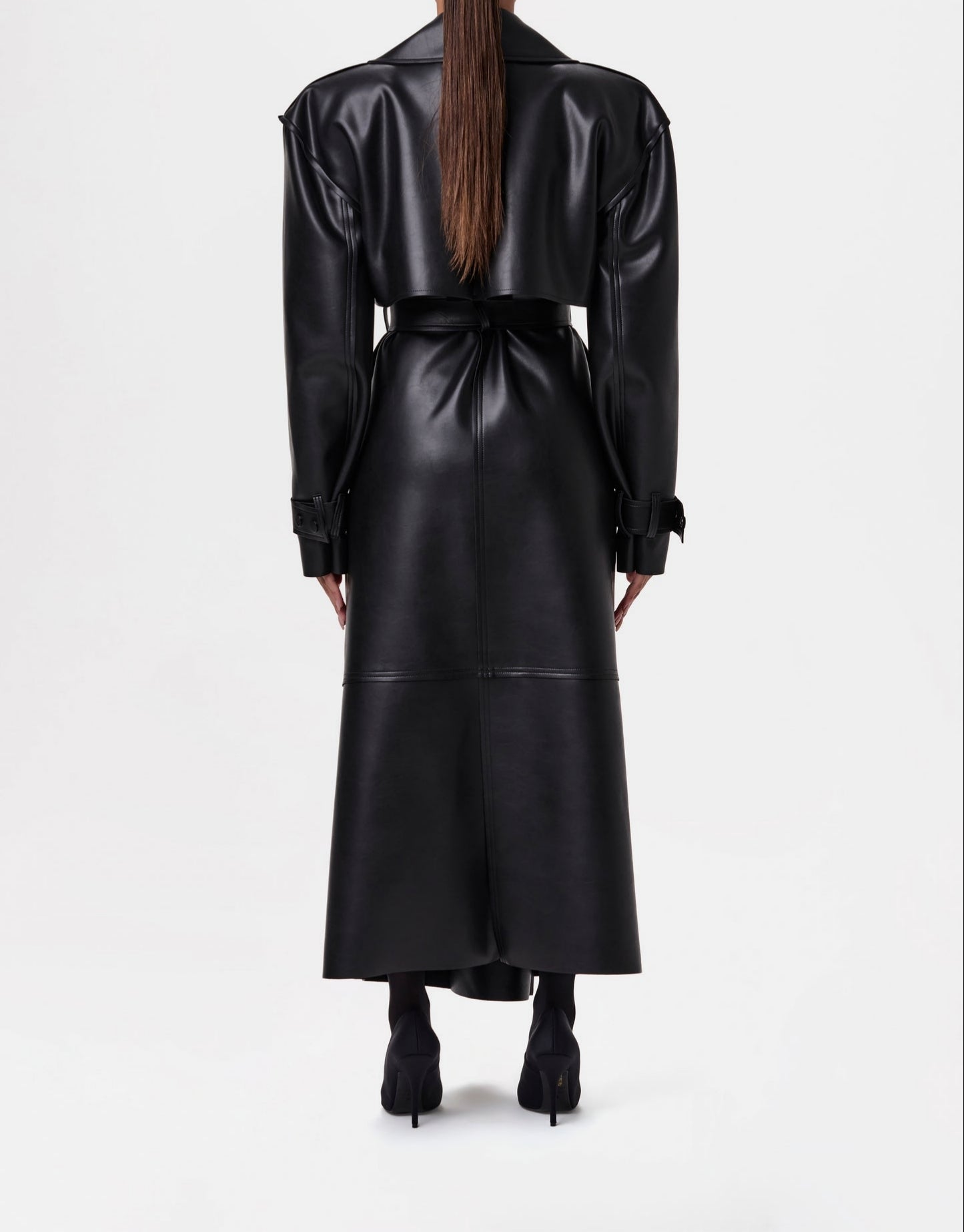 Solid leather long trench coat with padded shoulders