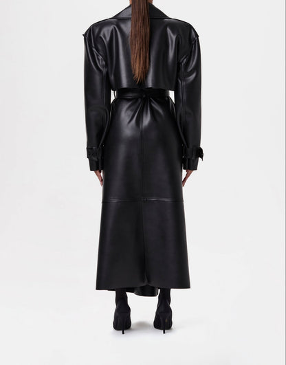 Solid leather long trench coat with padded shoulders