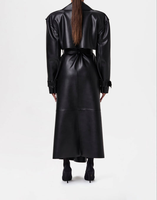 Solid leather long trench coat with padded shoulders