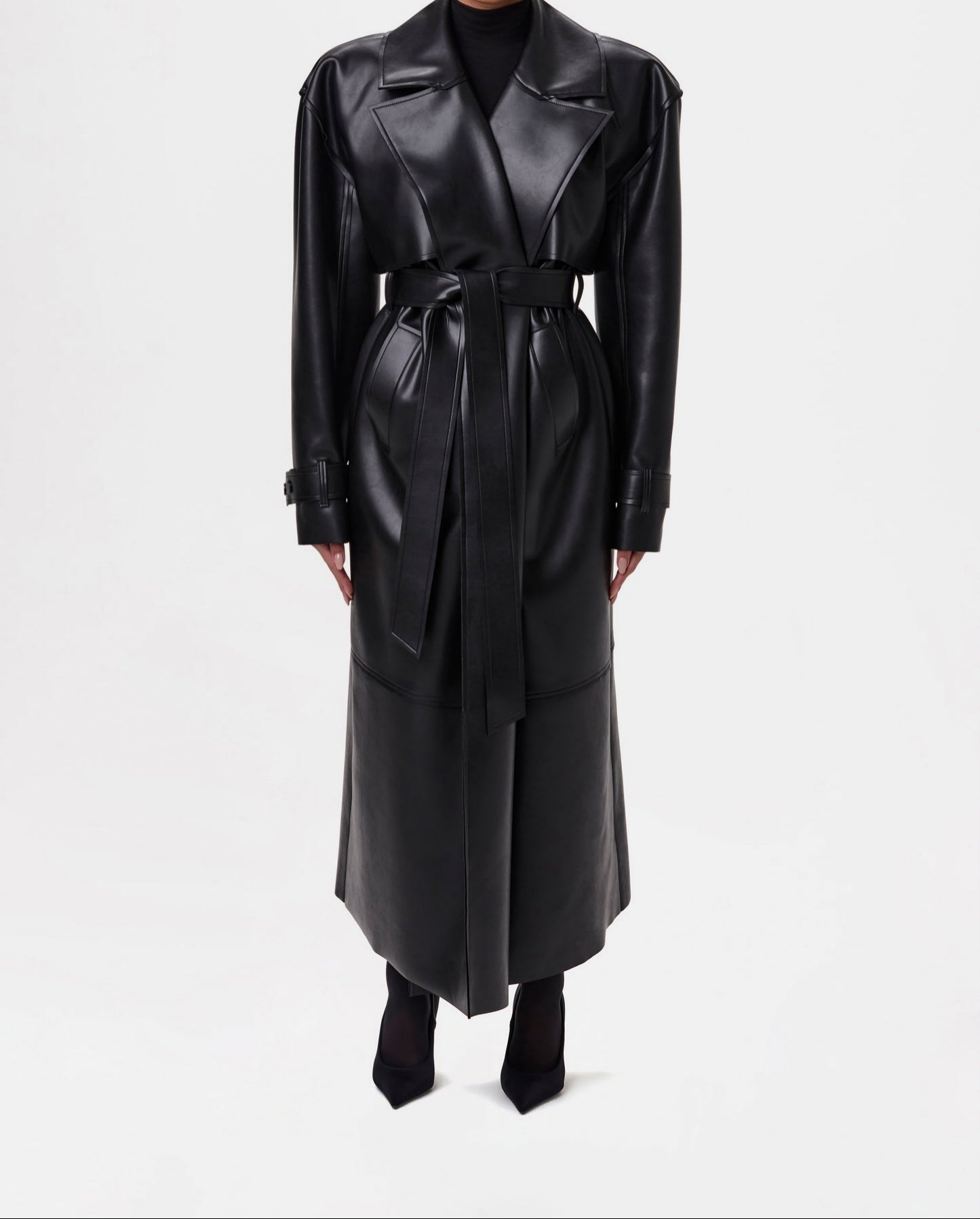 Solid leather long trench coat with padded shoulders