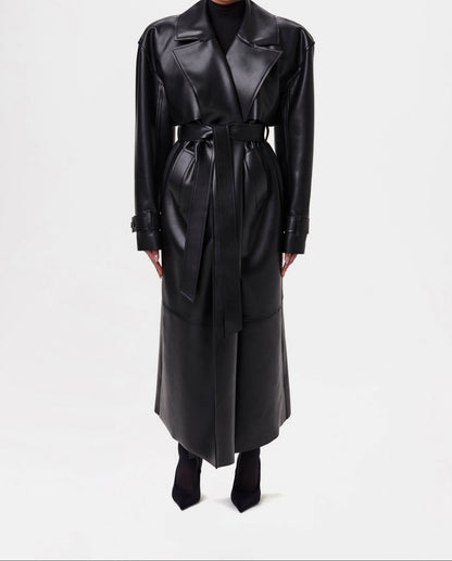 Solid leather long trench coat with padded shoulders
