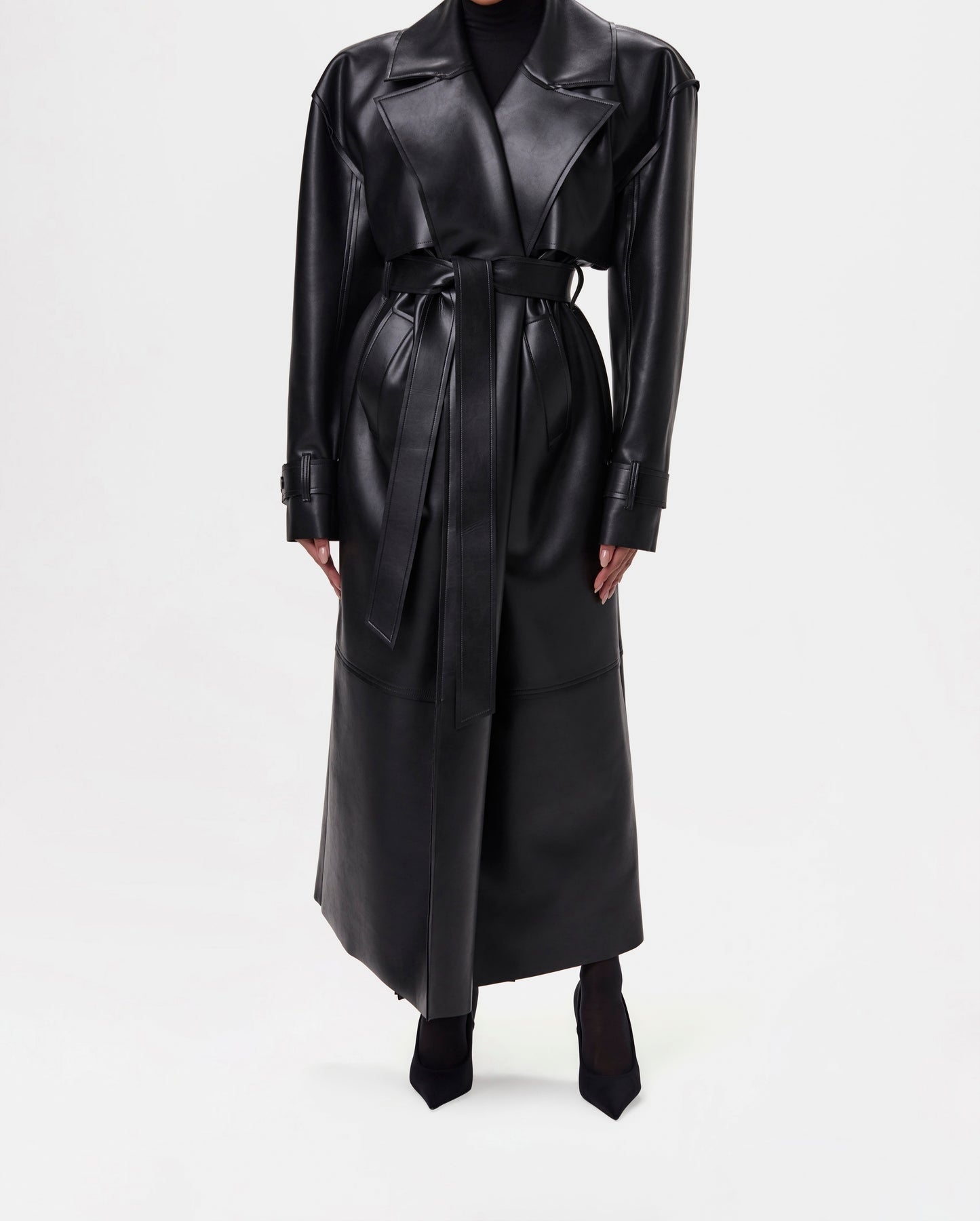 Solid leather long trench coat with padded shoulders