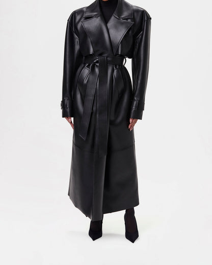 Solid leather long trench coat with padded shoulders