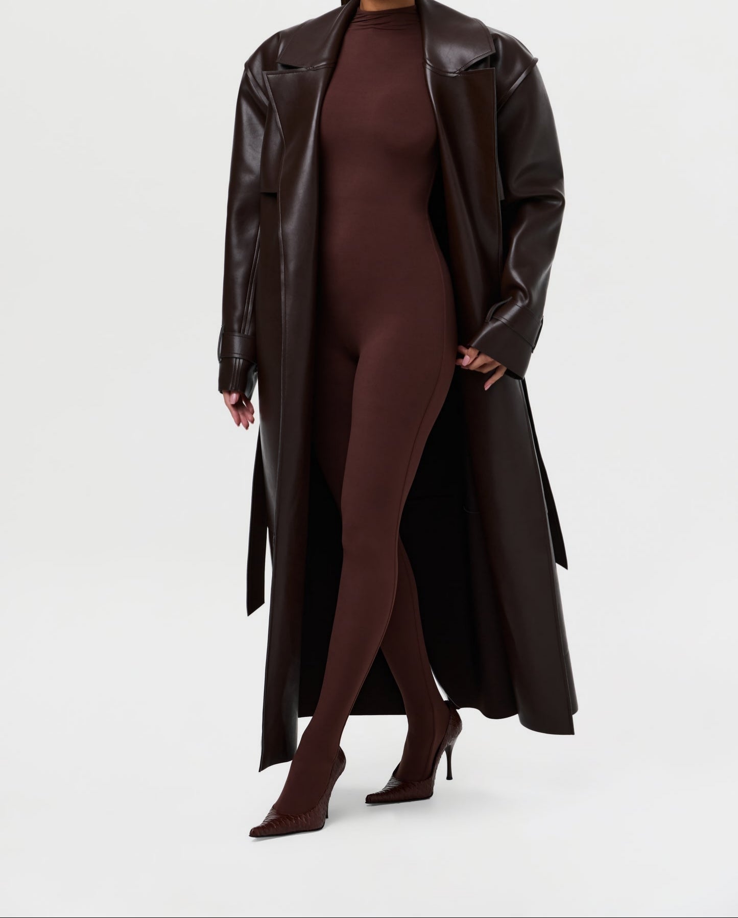 Solid leather long trench coat with padded shoulders