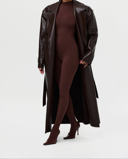 Solid leather long trench coat with padded shoulders