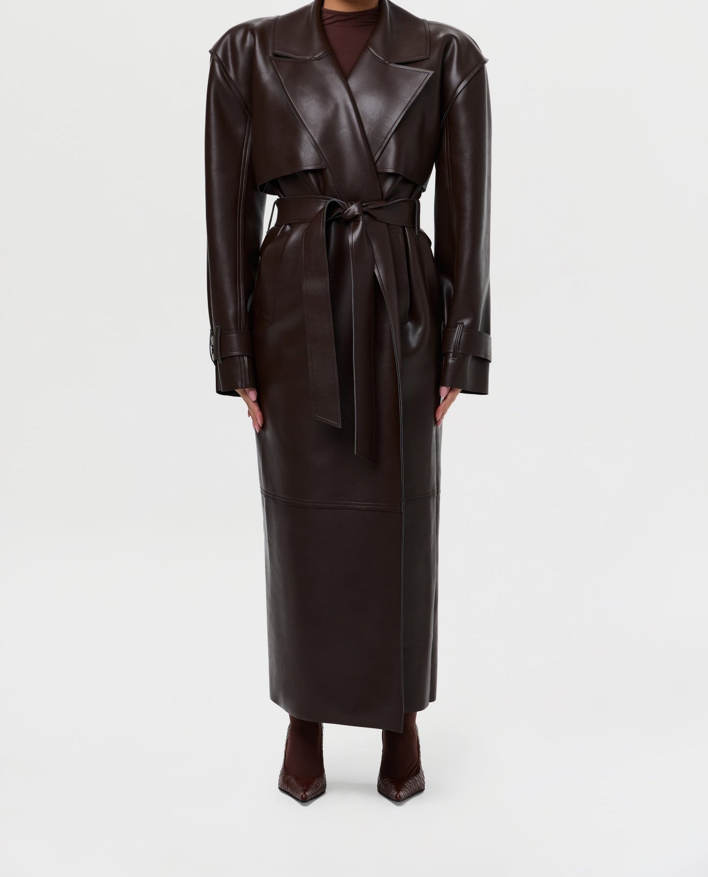 Solid leather long trench coat with padded shoulders