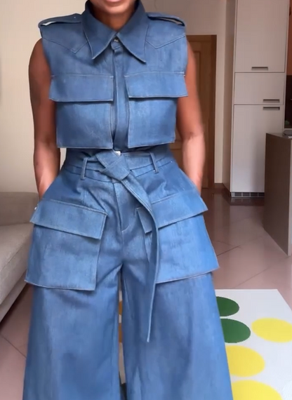 Multi-pocket denim jumpsuit