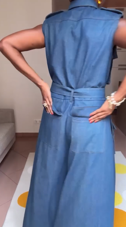 Multi-pocket denim jumpsuit
