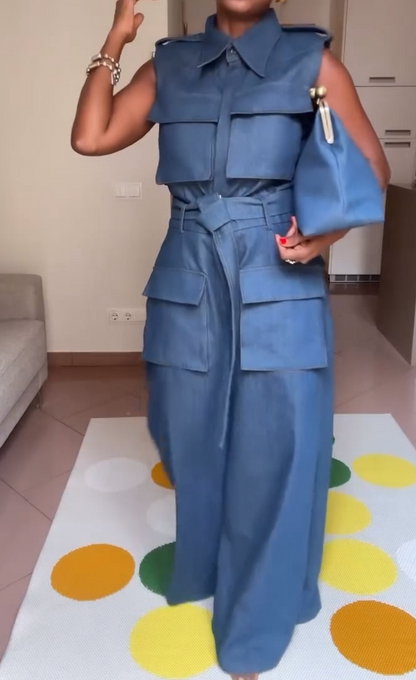 Multi-pocket denim jumpsuit