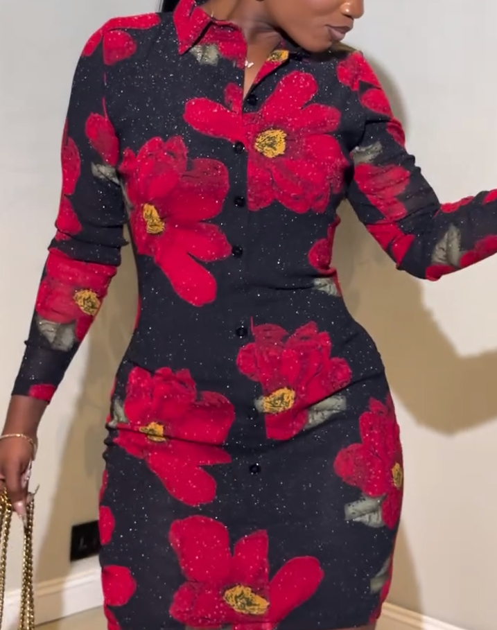 Long-sleeved printed diamond slim dress