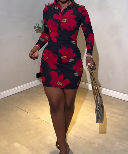 Long-sleeved printed diamond slim dress