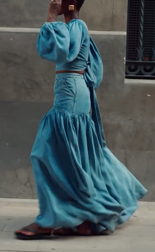 Soft denim long skirt two-piece suit