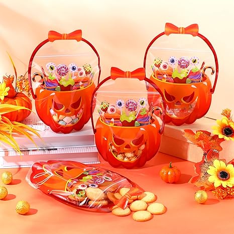 Last Day 50% OFF - Fuutreo 50 Pcs/100PCS Halloween Favor Bags Transparent Pumpkin Sealed Pouches