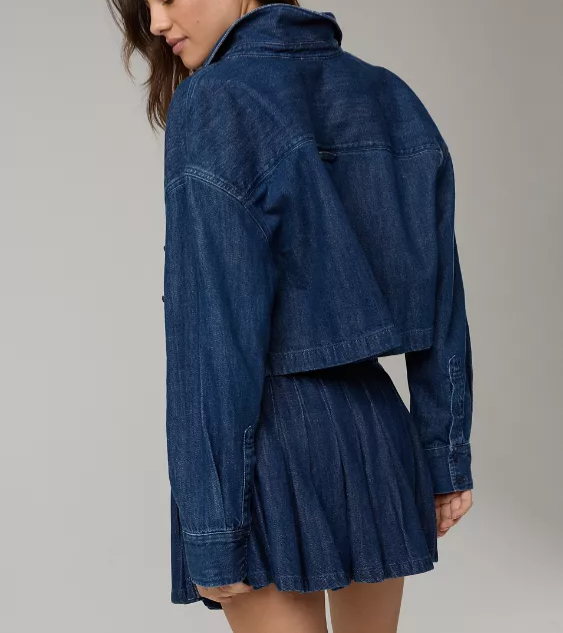 Denim short jacket + pleated skirt set