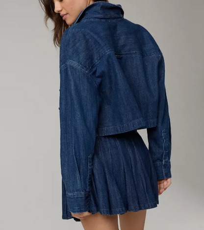 Denim short jacket + pleated skirt set