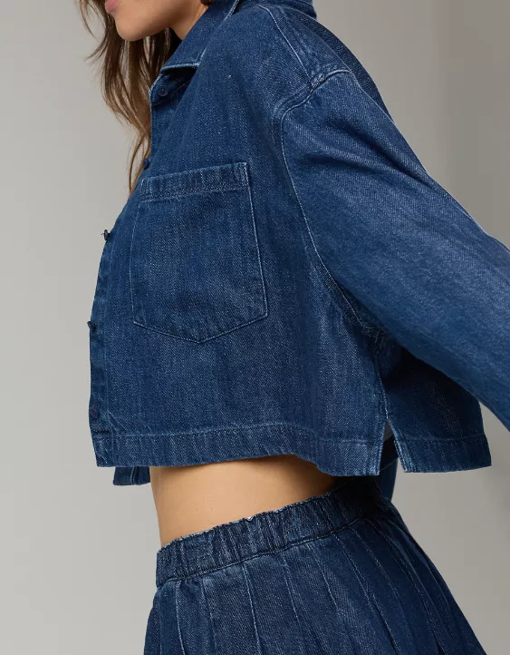 Denim short jacket + pleated skirt set