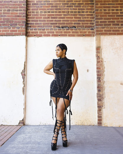 Tie-neck stand-collar knitted mini dress