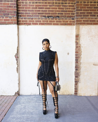Tie-neck stand-collar knitted mini dress