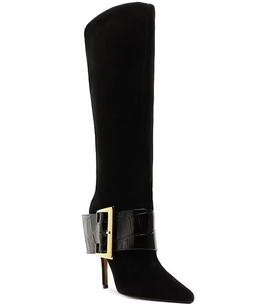 Suede Croco Strap Big Buckle Hardware Tall Dress Boots