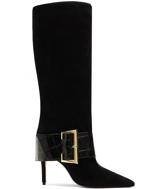 Suede Croco Strap Big Buckle Hardware Tall Dress Boots