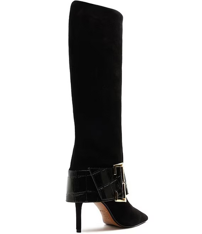 Suede Croco Strap Big Buckle Hardware Tall Dress Boots