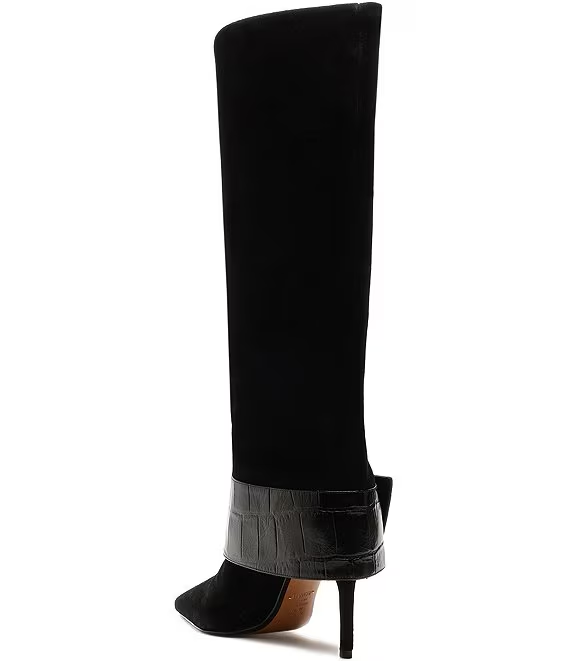 Suede Croco Strap Big Buckle Hardware Tall Dress Boots