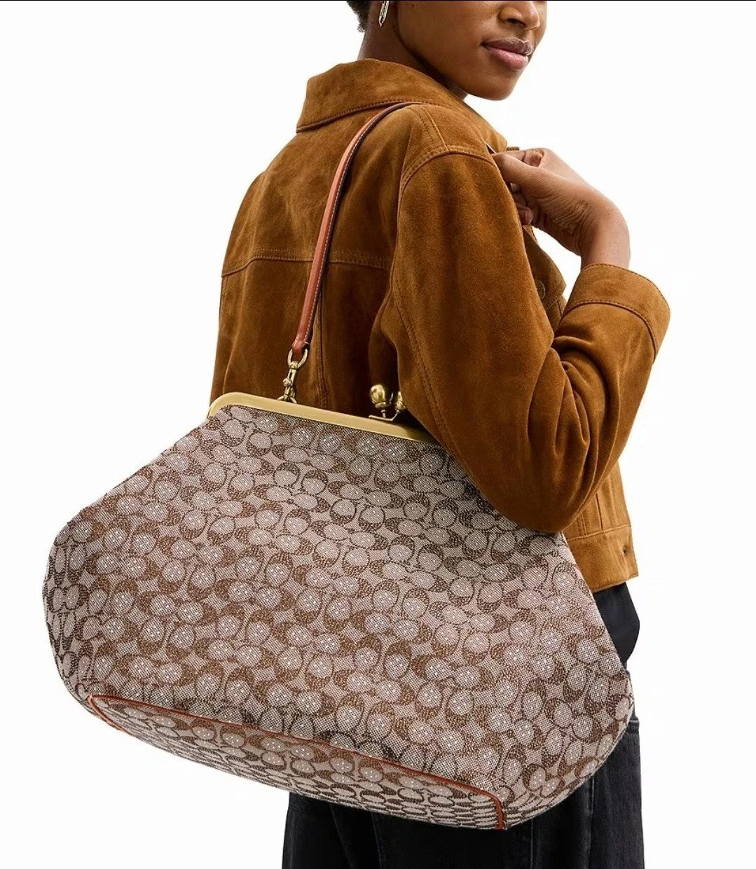 Large Oversized Lock Frame Crystal Jacquard Shoulder Bag