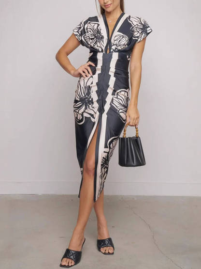 Contrast Color Unique Print Dolman Sleeve Ruched Slit Midi Dress