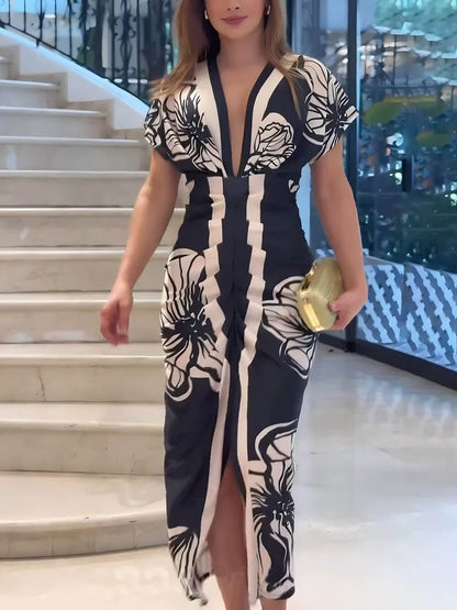 Contrast Color Unique Print Dolman Sleeve Ruched Slit Midi Dress