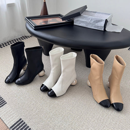 Women's color-blocked pearl ball heel elastic skinny boots
